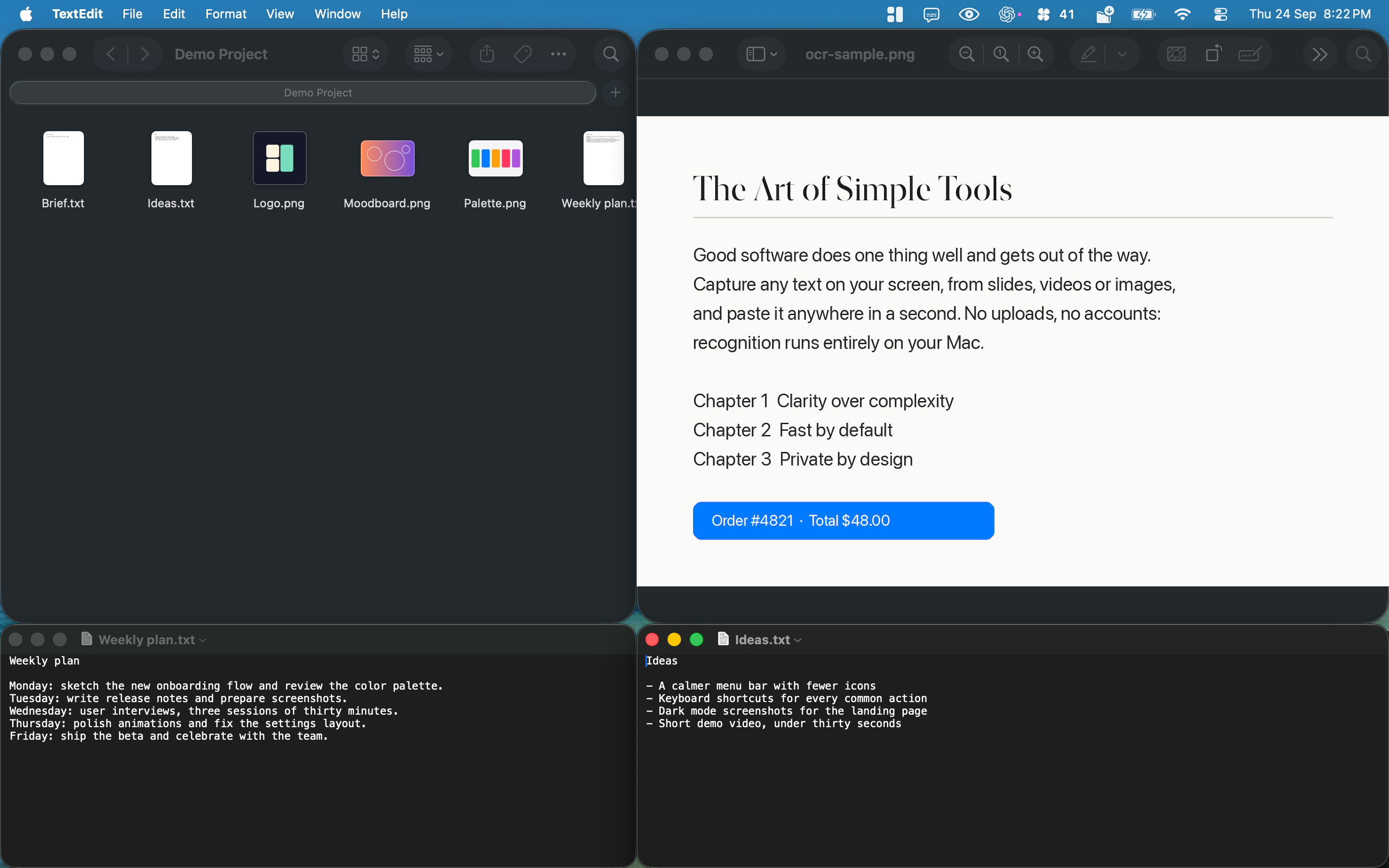 A Mac desktop with Finder, Preview and two TextEdit windows placed by Encaje in the top left, top right, bottom left and bottom right zones